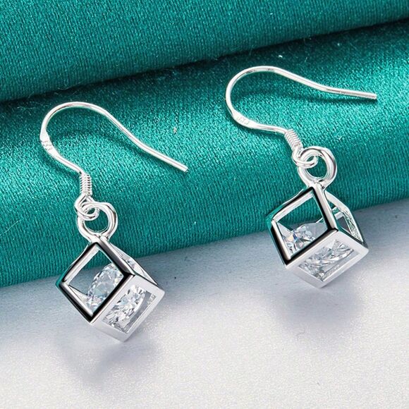 925 Sterling Silver Cube Dangle Drp Earrings Crystal Charm Dainty Classic Square - Picture 2 of 5